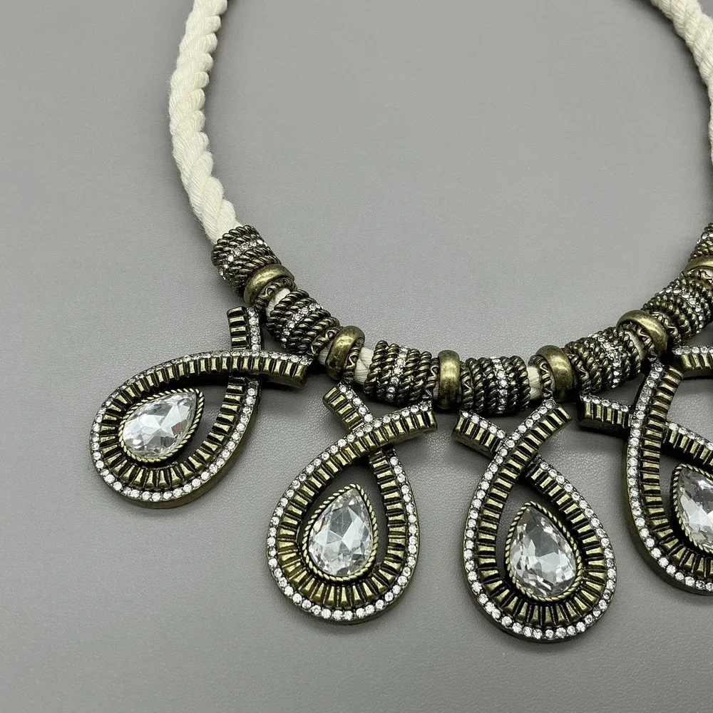 Banana Republic Necklace‎ Gold Tone White Cord Teardrop Bib Statement Jewelry